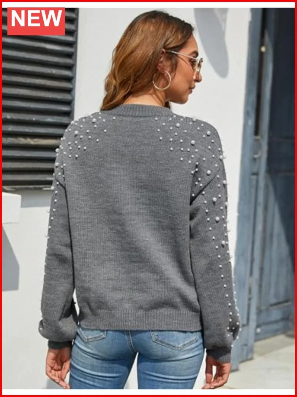 Oversized Mock Neck Knit Pullover Sweater with Pearls - Women's